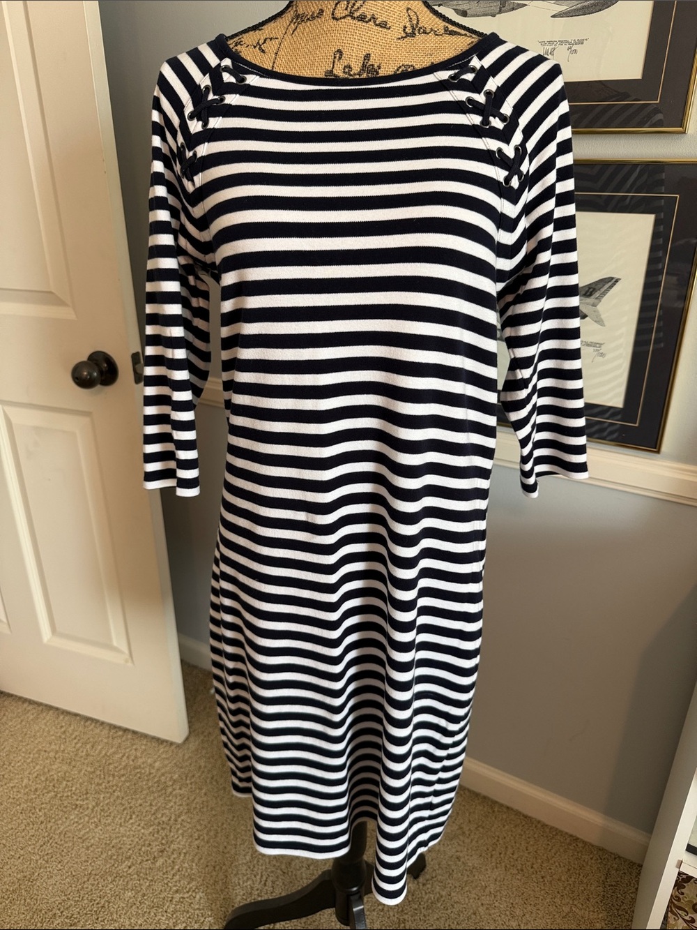Talbots Black and White Striped Midi Dress